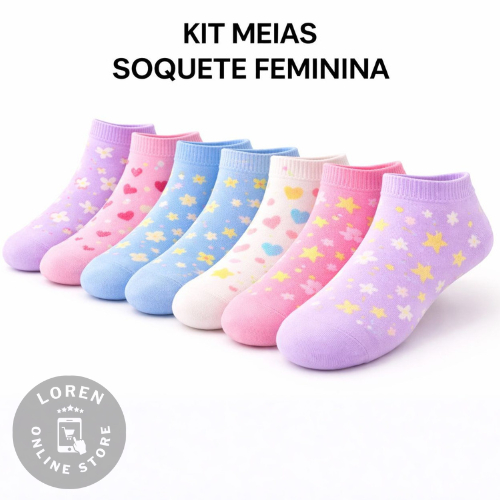 Kit Até 24 Pares de Meia Feminina Soquete Estampada Sortidas 35-40