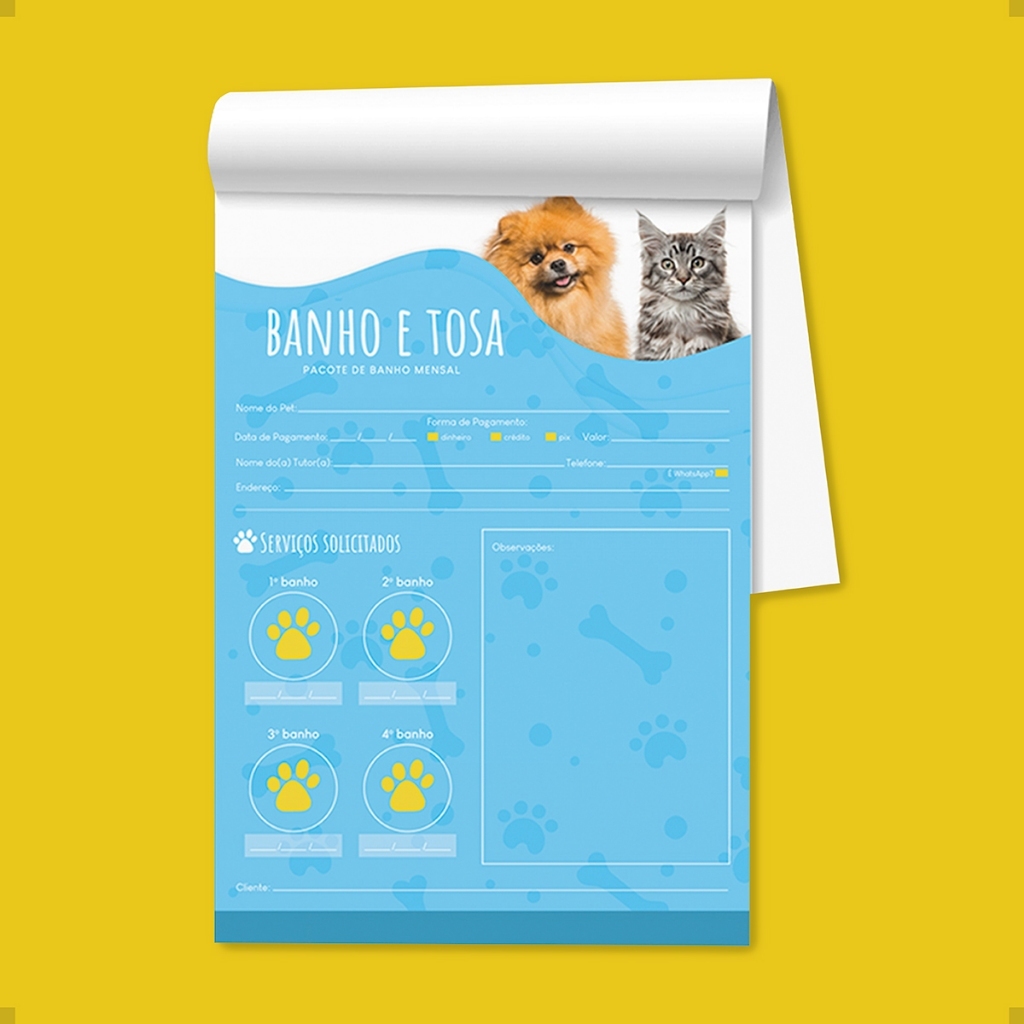 Bloco Banho e Tosa Pet Shop 100 Folhas Controle Banho Mensal A5 14,8x21cm Pronta Entrega