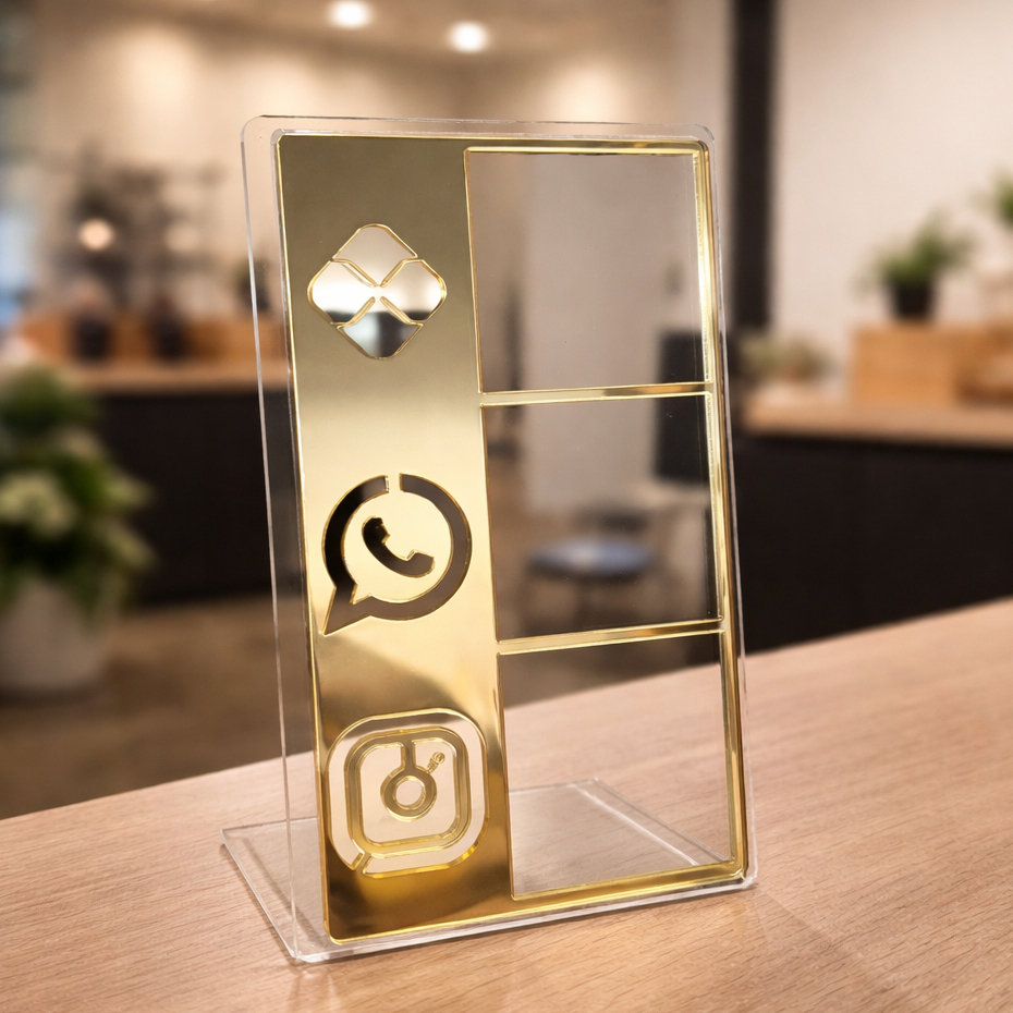 Placa Pix 3 em 1 WhatsApp e Instagram Display de Mesa Balcão Em Acrílico Espelhado
