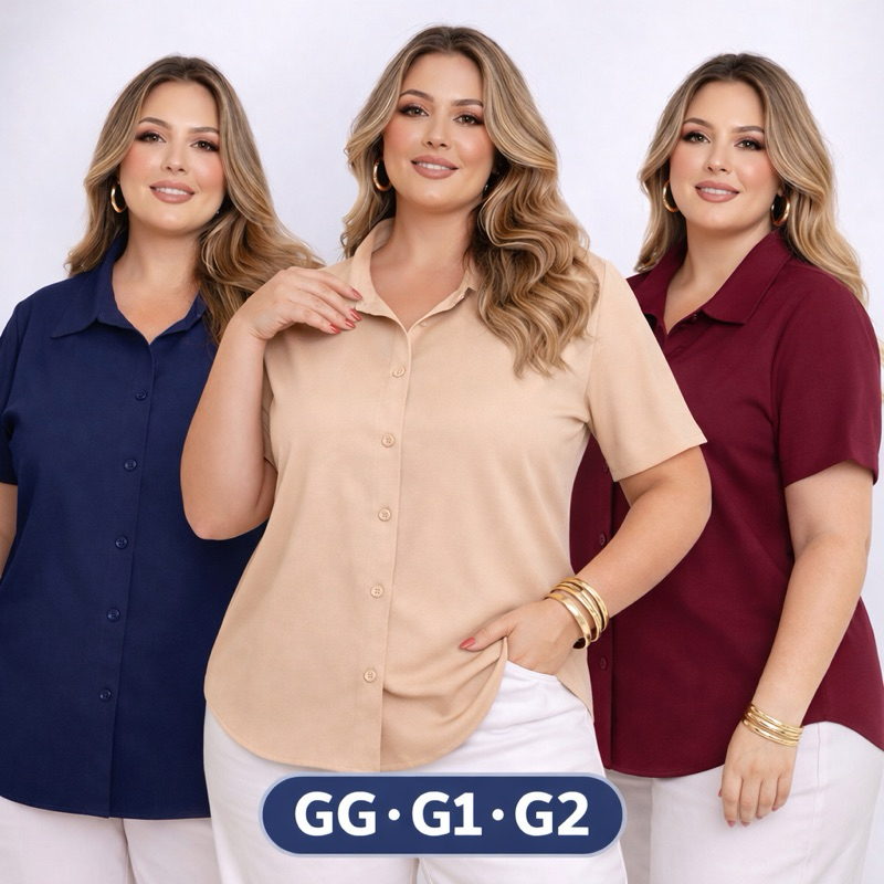 Camisa Plus Size Feminina Crepinho Lisa Social Manga Curta Não Amassa | GG G1 G2 | Trabalho Confortável em Oferta na Shopee