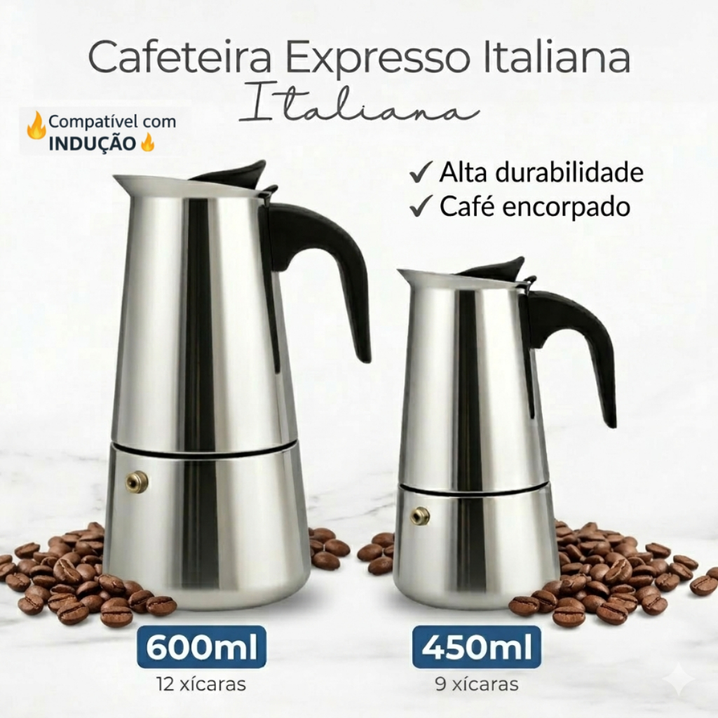 Imagem Cafeteira Italiana Inox Indução Moka 450ml/600ml Café Expresso 9 e 12 Xícaras Fogão a Gás