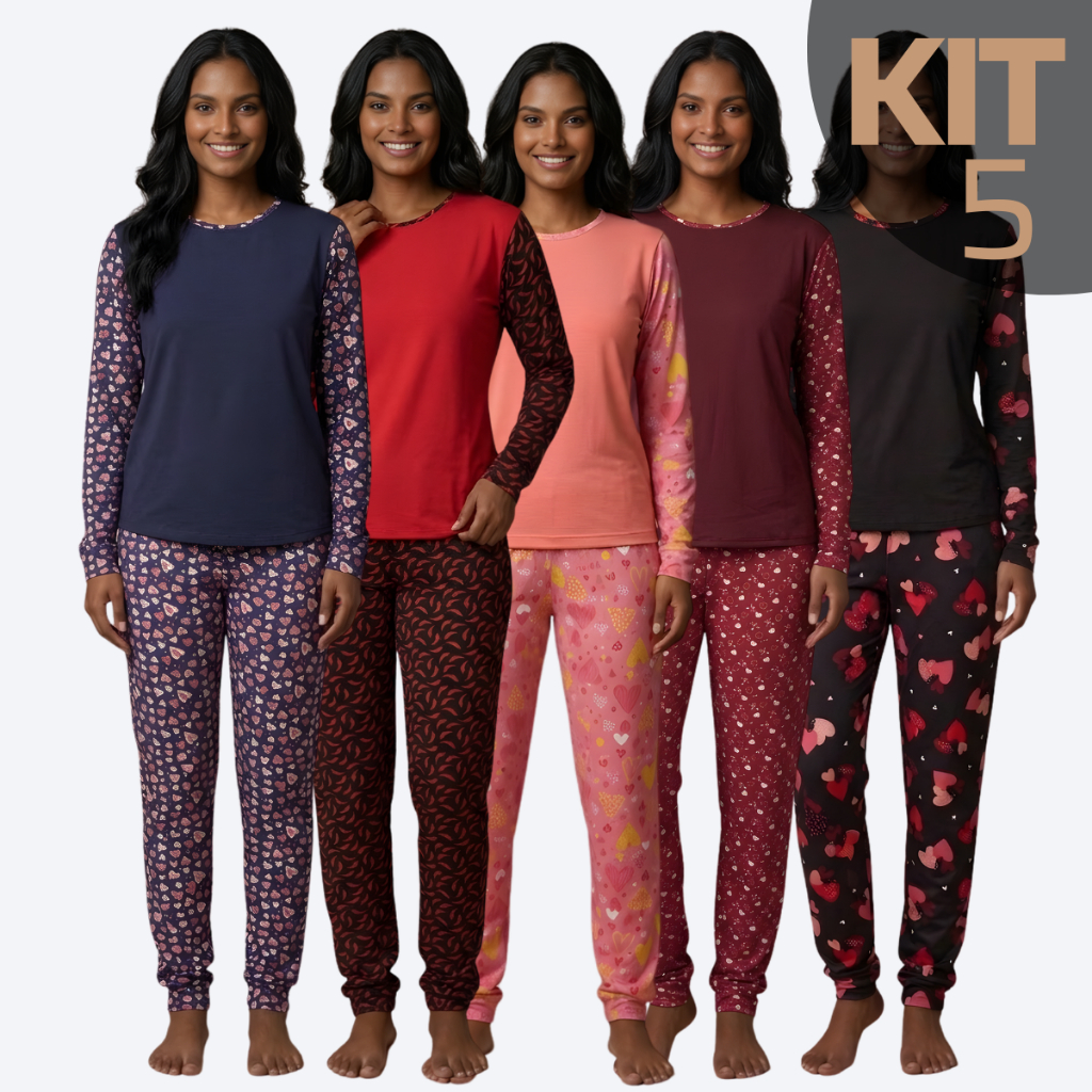 KIT 5 Pijamas Feminino Suede Estampado Inverno Longo Fechado Manga Comprida Conjunto Conforto Cores Variadas