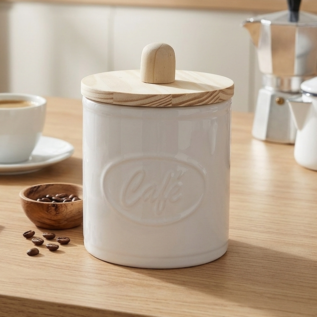 Pote Porta Café Cafezeiro Feito de Cerâmica Premium Tampa de Madeira 1kg Cozinha Mesa Condimentos