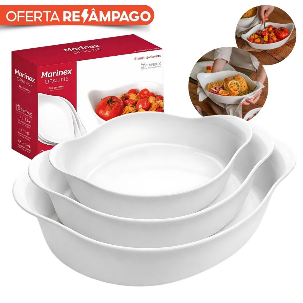 Kit Jogo de Assadeiras Opaline Oval de Vidro Temperado vai ao Forno 3 peças Resistentes brancas