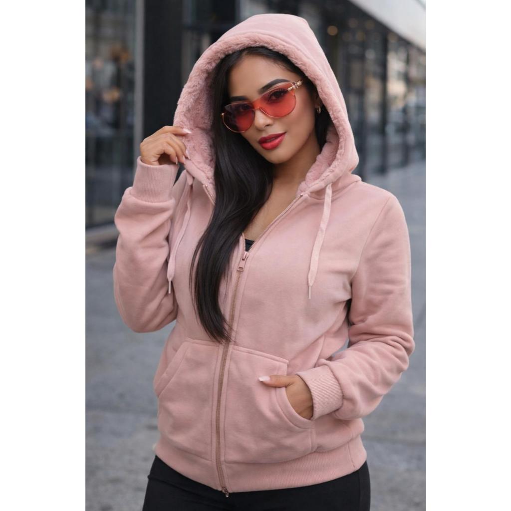 Blusa Moletom Peluciado Feminino Com Capuz E ZIper Canguru