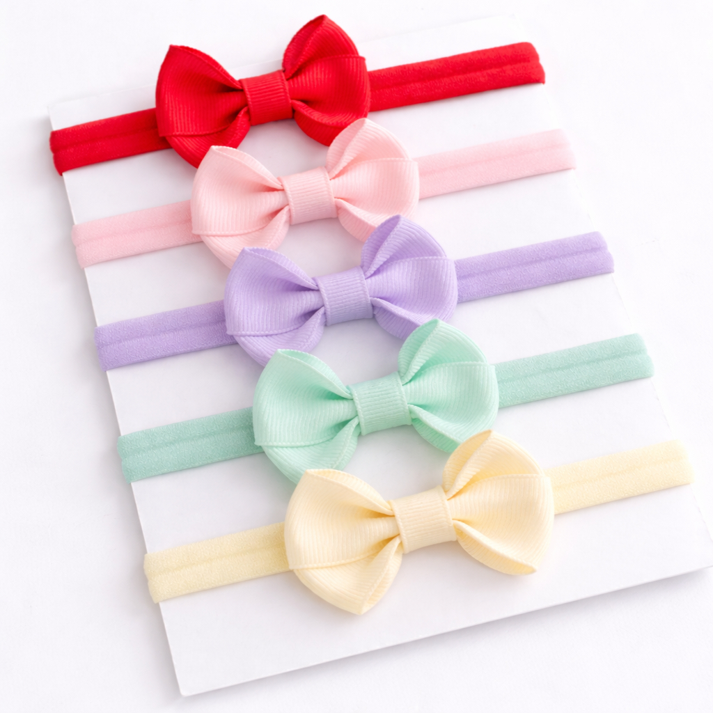 Kit 5 Laços para Bebê na Faixa Meia de Seda Macia Acessório Infantil Recém-Nascido Cores Sortidas maternidade enxoval