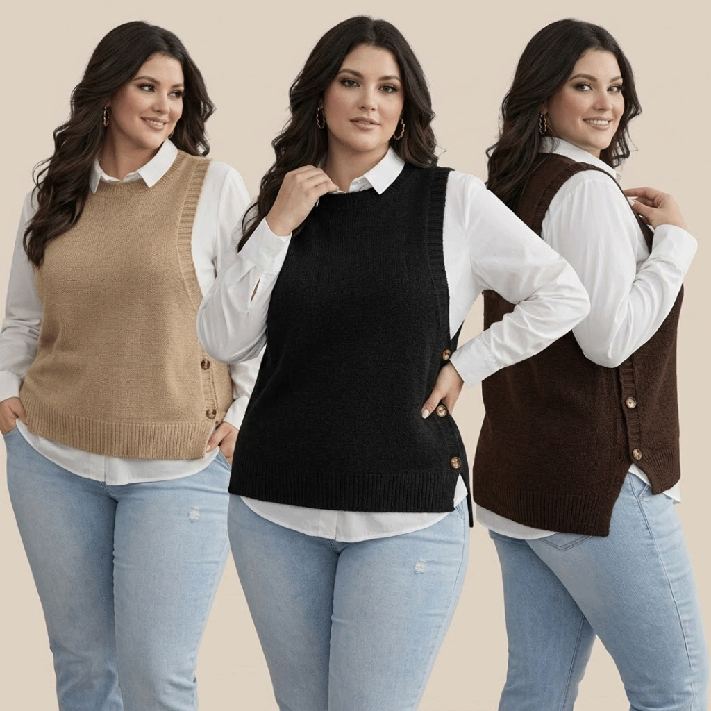 Colete Tricot Feminino Plus Size Detalhes em Botão Sofisticado Outono Inverno