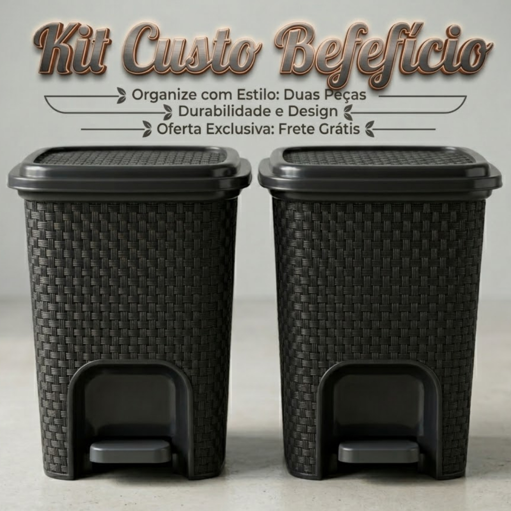 Kit 1 ou 2 Lixeiras Rattan 7L com Pedal Preta Banheiro Cozinha Moderna Compacta