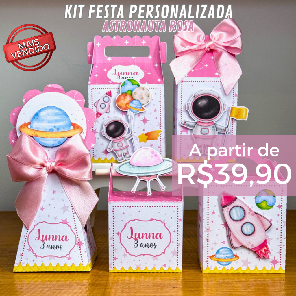 Kit Caixas ASTRONAUTA ROSA MENINA Personalizadas + BRINDE / Lembrancinha de Festa /Aniversário