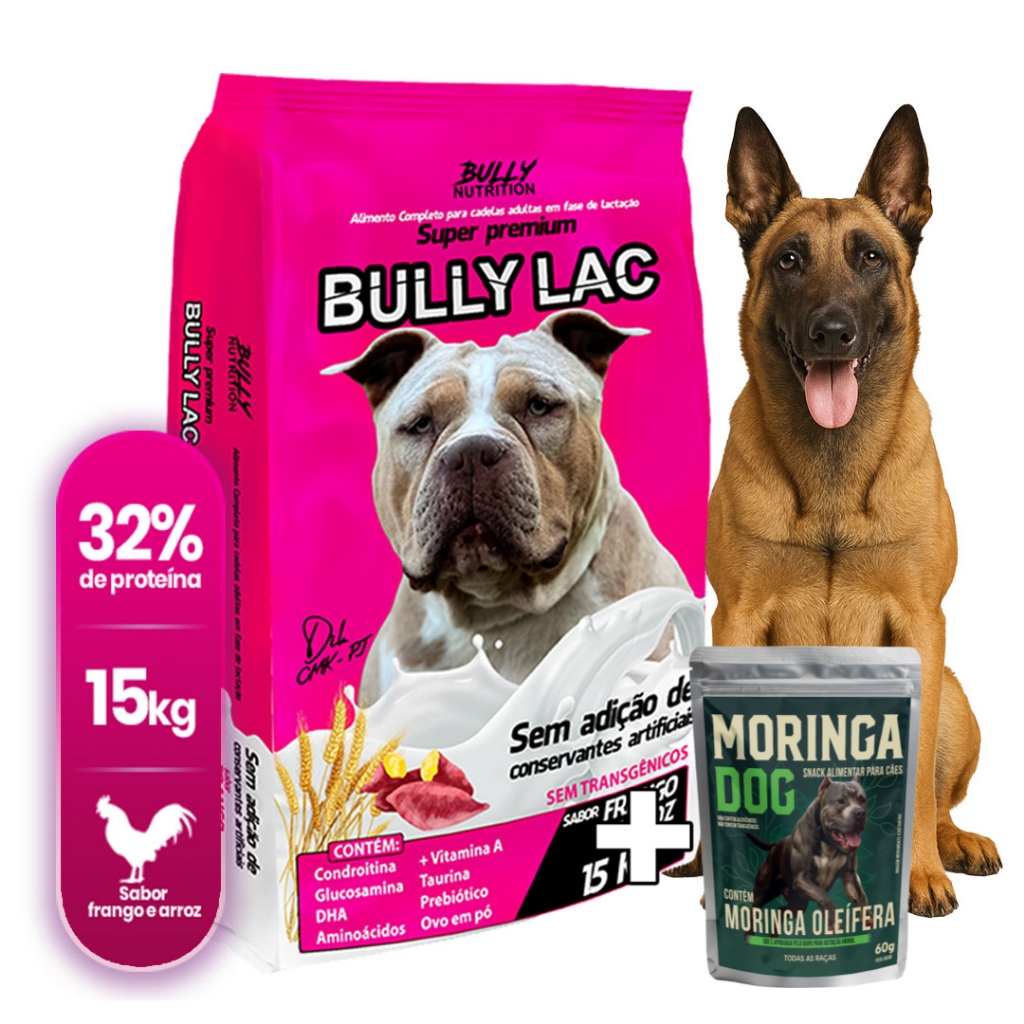 Ração P Cães Em Fase de Lactação Pastor Malinois Bully Lac 15Kg + Ganhe MoringaDog 60g | Mais Saude