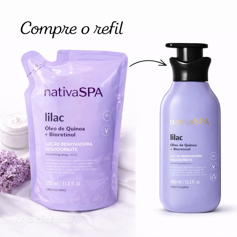 REFIL NATIVA SPA LILAC LOÇÃO HIDRATANTE CORPORAL O BOTICÁRIO 350ML ÓLEO DE QUINOA + BIORETINO PRESENTE DIA DOS NAMORADOS
