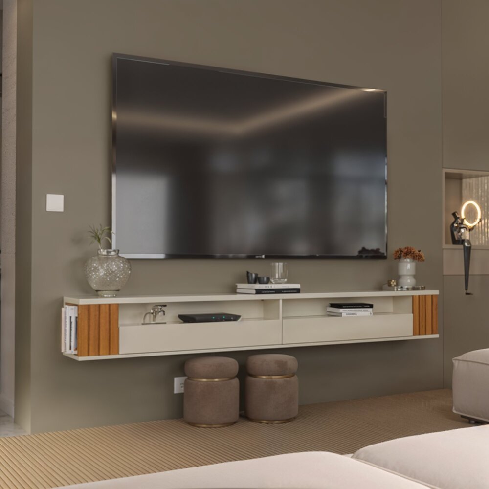 Rack Ripado Suspenso Luxo Para TV até 80 Polegadas Com Nichos e Portas