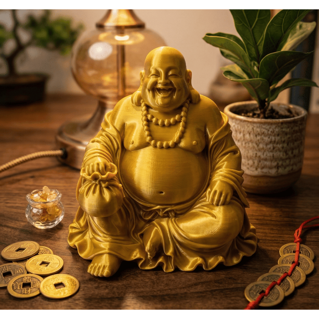 Imagem Buda da Sorte Risonho Dourado – Estátua Decorativa Prosperidade Fortuna 7,5cm