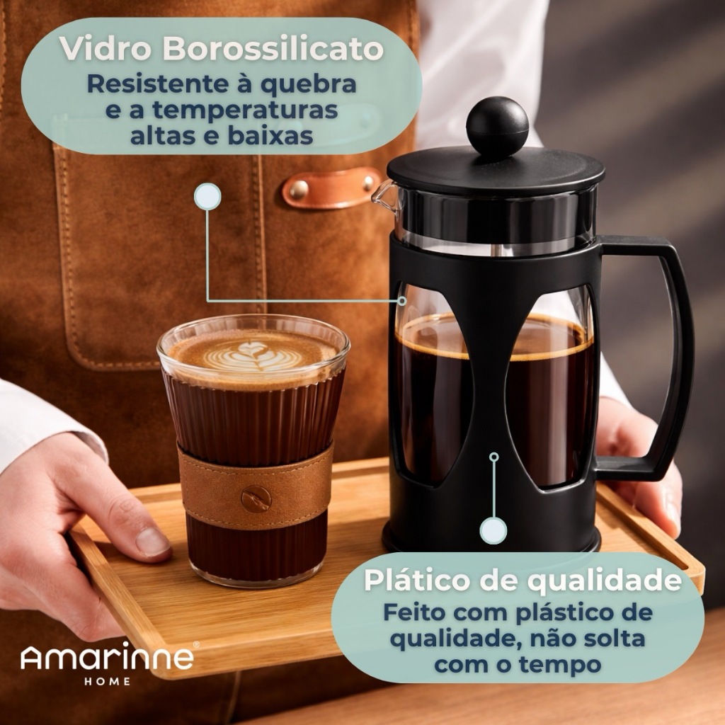 Cafeteira Prensa Francesa 600ml Café Chá Aço Inox Vidro Borossilicato Mimo Style