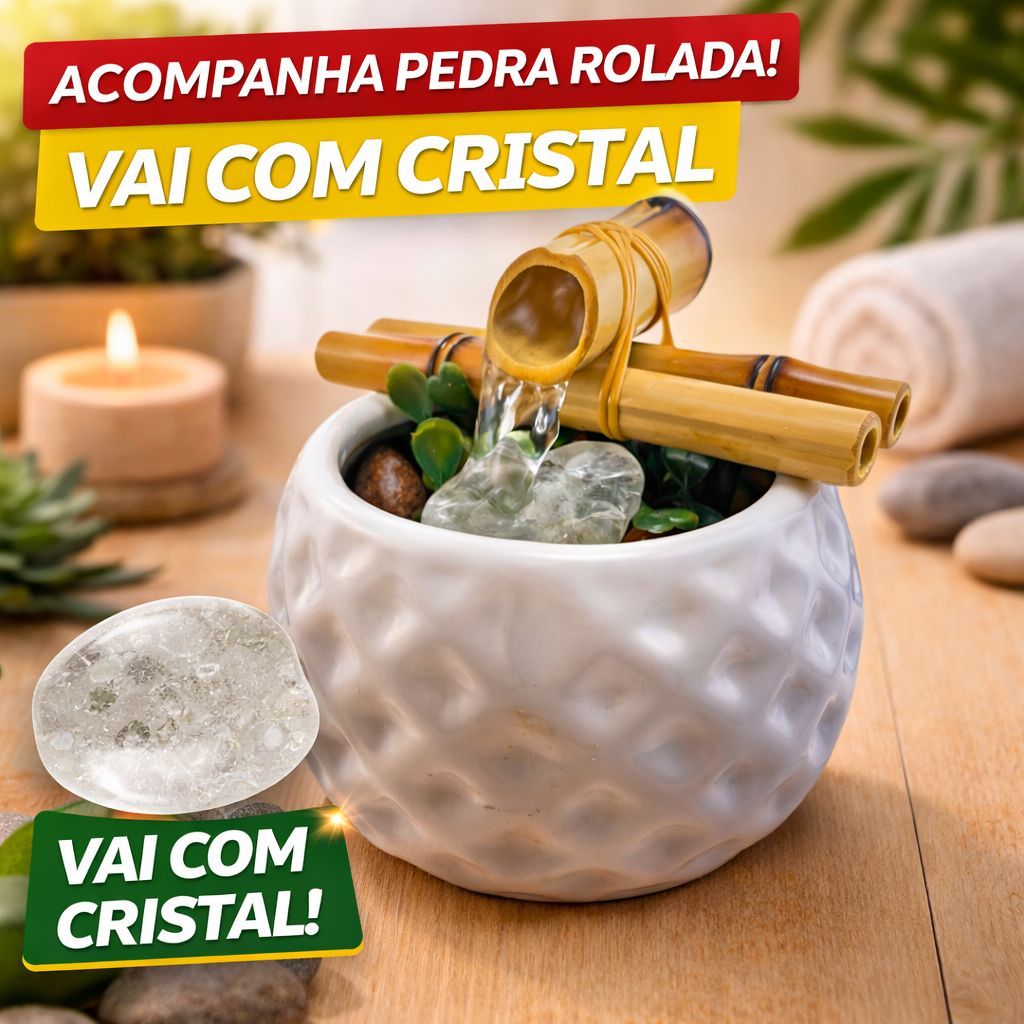 Imagem Fonte de Água com Cristal Zen Cascata Decorativa Moderna Relaxante com Bambu e Pedra Branco