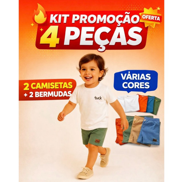 Conjunto Infantil Menino - 4 Peças - 2 Camisetas + 2 Bermudas - Conjunto Verão Algodão - CORES SORTIDAS