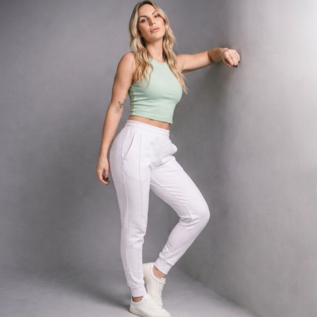 Calça Jogger Neoprene Premium Feminina Encorpada Cós Alto Com Bolsos Não Marca
