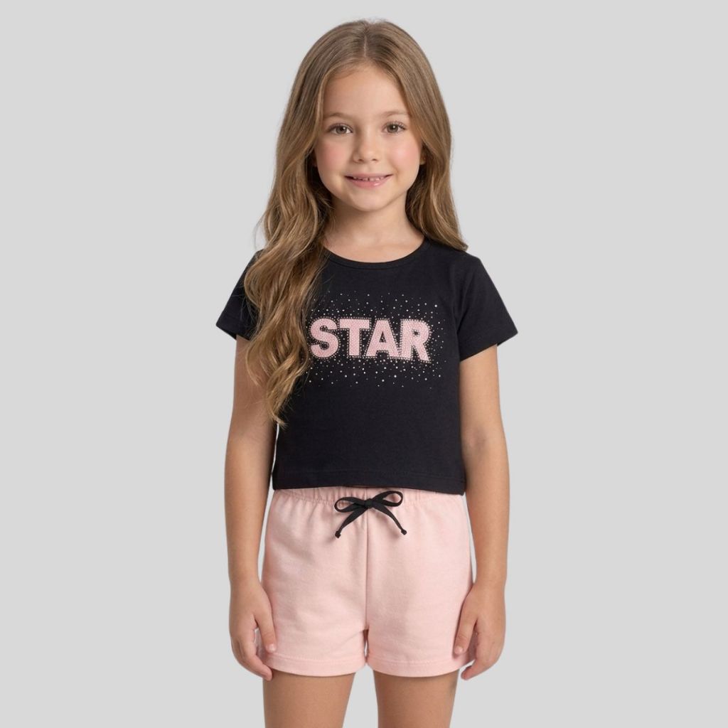 Conjunto Infantil Juvenil Feminino Menina Verão Blusa Cropped e Shorts Confortável Casual Dia a Dia