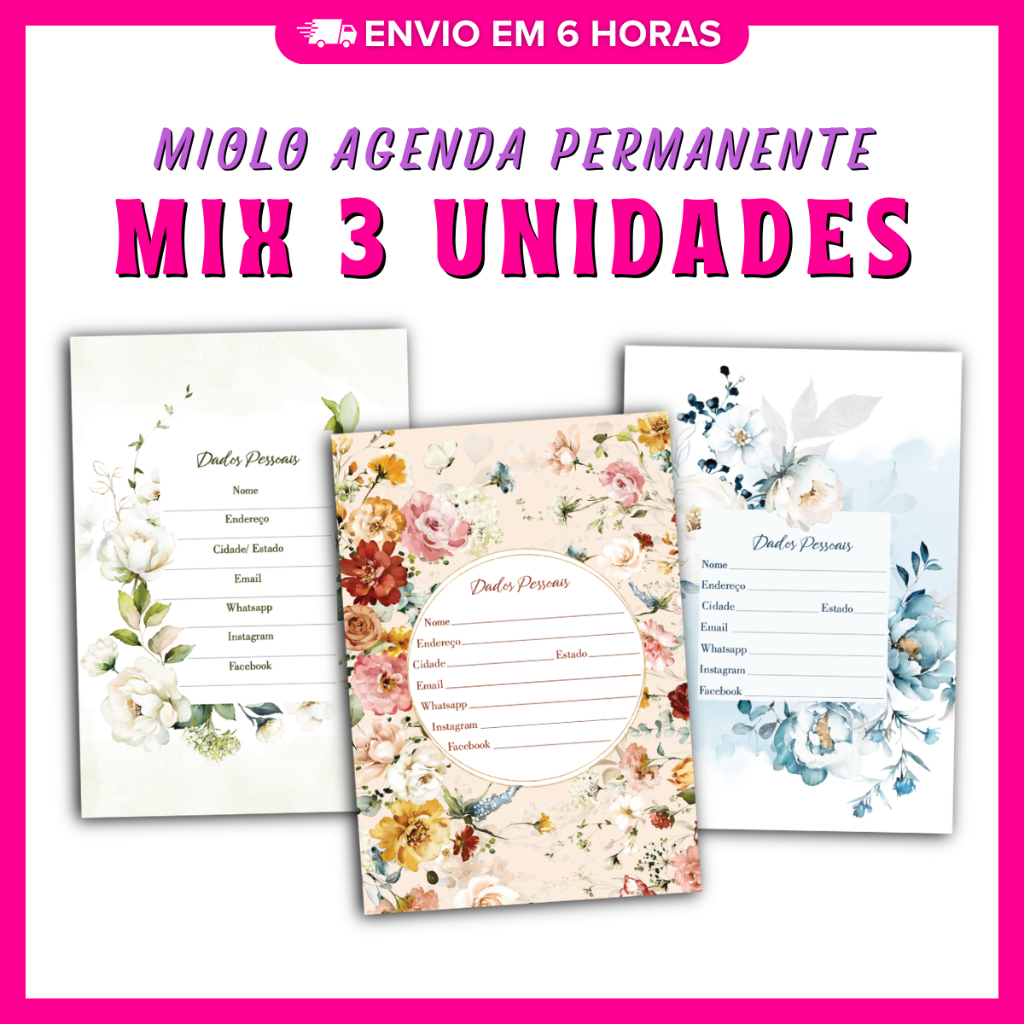 Kit 3 Miolos Agenda Permanente A5 Floral | Refil para Encadernação | Não Datada | Ideal para Artesãs