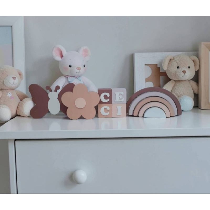 Decoração tons terrosos, cubos flor arco e borboleta adorno infantil enfeite de quarto e festa em mdf