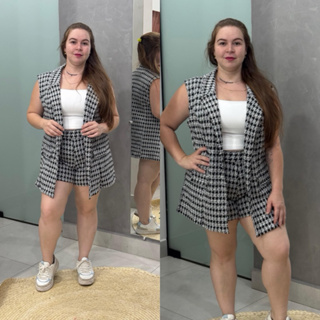 conjunto colete e shorts tweed plus size moda outono inverno em Oferta na Shopee