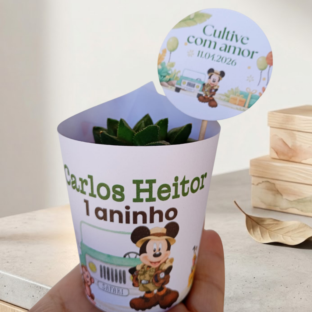 Rótulos e Tags Mickey Safari Personalizados Lembrancinha Suculenta Aniversário Menino Chá de Bebê -