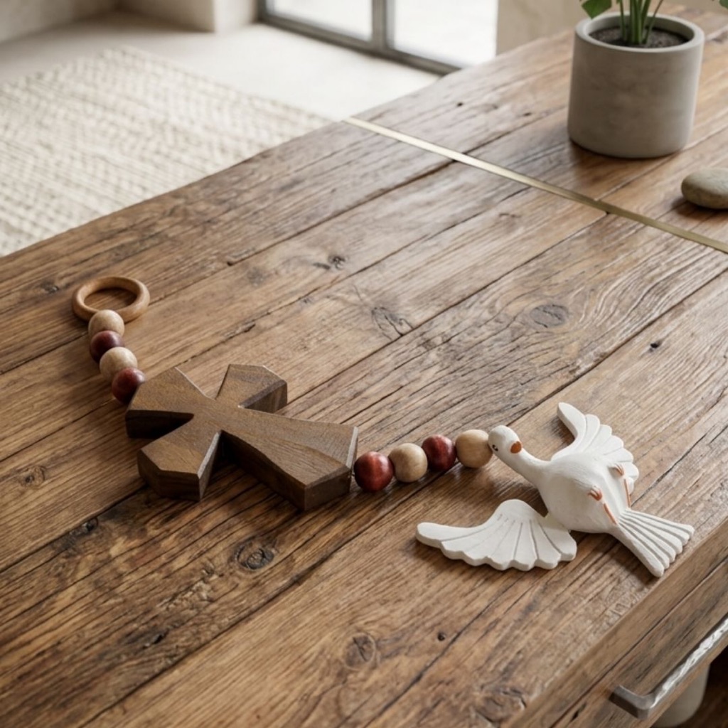 Colar de Mesa Pêndulo Enfeite Artesanal Para Parede e Centro de Mesa Adorno Cruz Divino Espírito Santo Madeira Natural