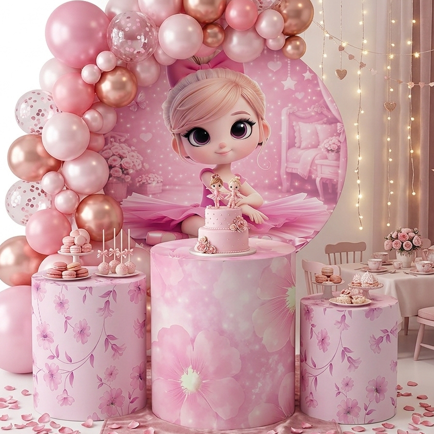 Kit Capa Painel Tema Bailarina Menina Rosa + Capas Cilindros Floral Decoração Boneca Infantil Bibi Painéis