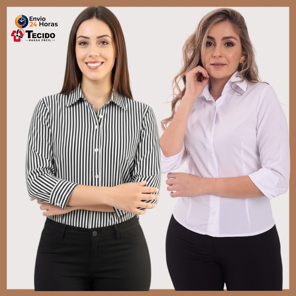 Camisete manga 3/4 gabardine camisa social feminina passa fácil tamanho PP ao Xgg em Oferta na Shopee