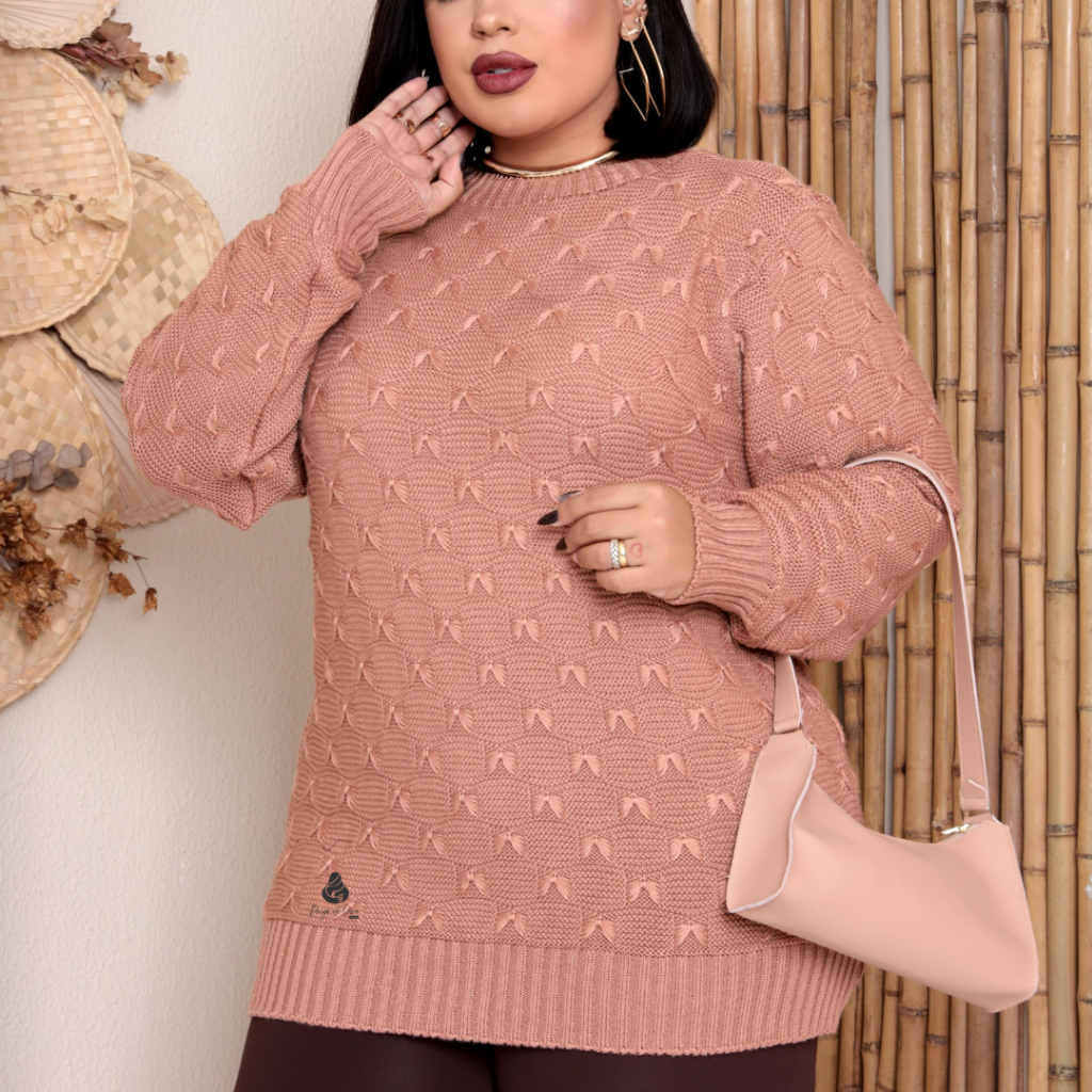 Blusa Feminina Plus Size Tricot Detalhes em Laço Manga Longa Moda Inverno