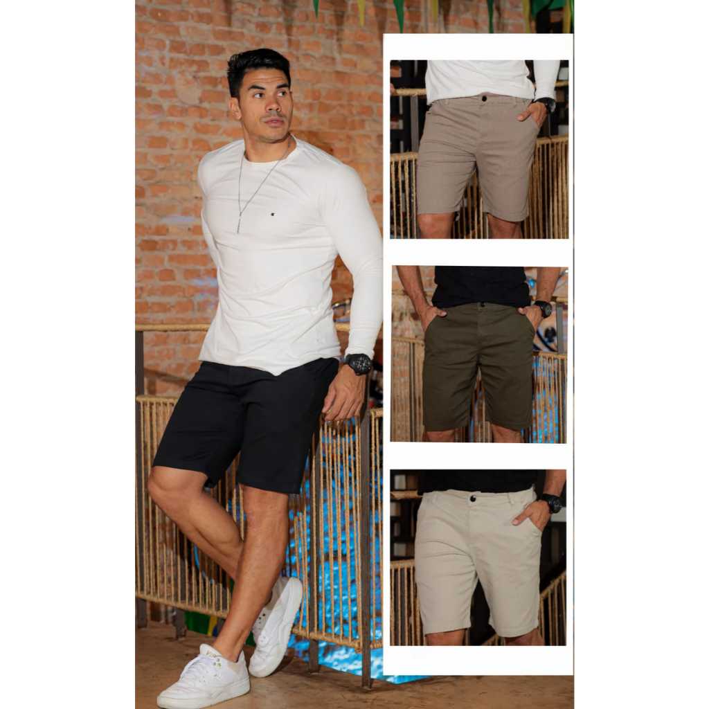 Bermuda Masculina Colorida Na Sarja Com Bolso Faca E Lycra CONFORTO