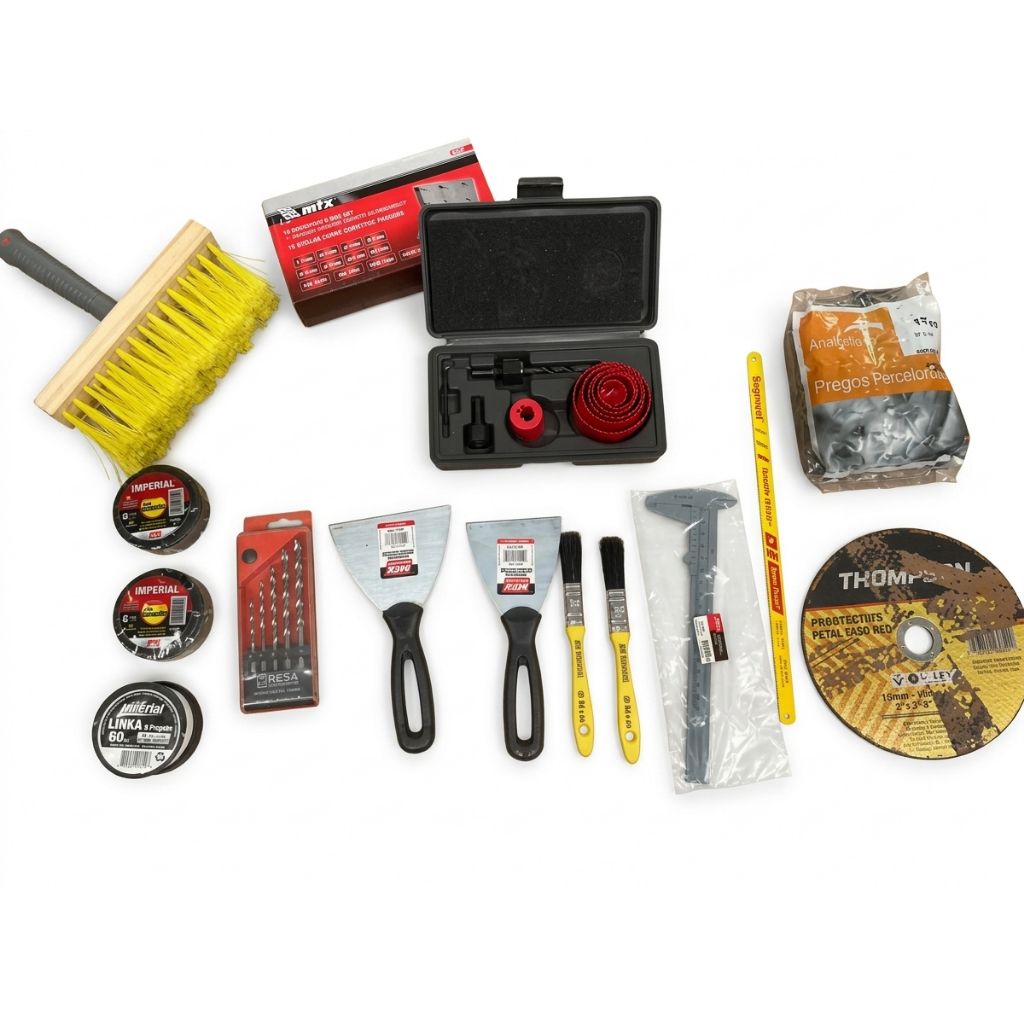 Kit ferramentas 14 peças | Linha de pedreiro + Trincha + Disco de corte + Espátula
