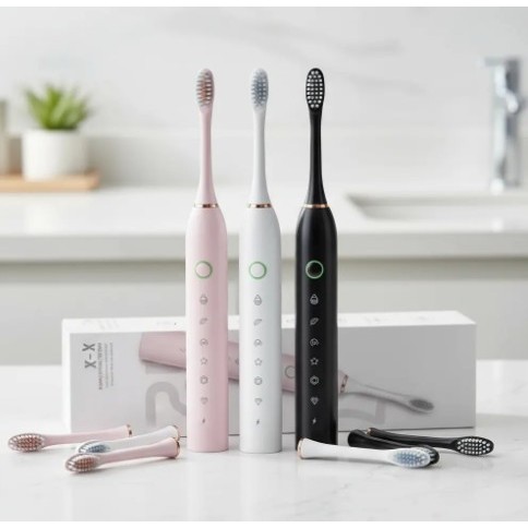Escova de Dente Elétrica Sônica, 6 Modos, 4 Refis Inclusos, Recarregável USB, Timer, a Prova D'Água IPX7