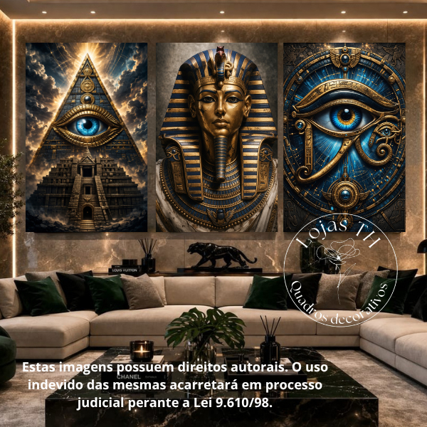 Quadros Decorativos Para Sala e Quarto 3 Peças Grande Novo Egito Piramide Olho de Horus e Faraó
