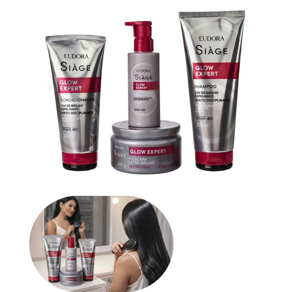 Eudora Glow Expert Siáge Kit Pac Shampoo Condicionador Balm Disciplinante Máscara Ultra Brilho 4 itens em 1 Tratamento