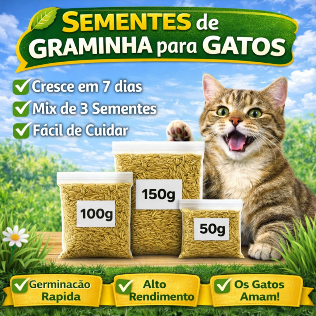 Sementes Graminha para Gatos Capim Natural Petisco Anti Bola de Pelo Digestão 50g 100g 150g