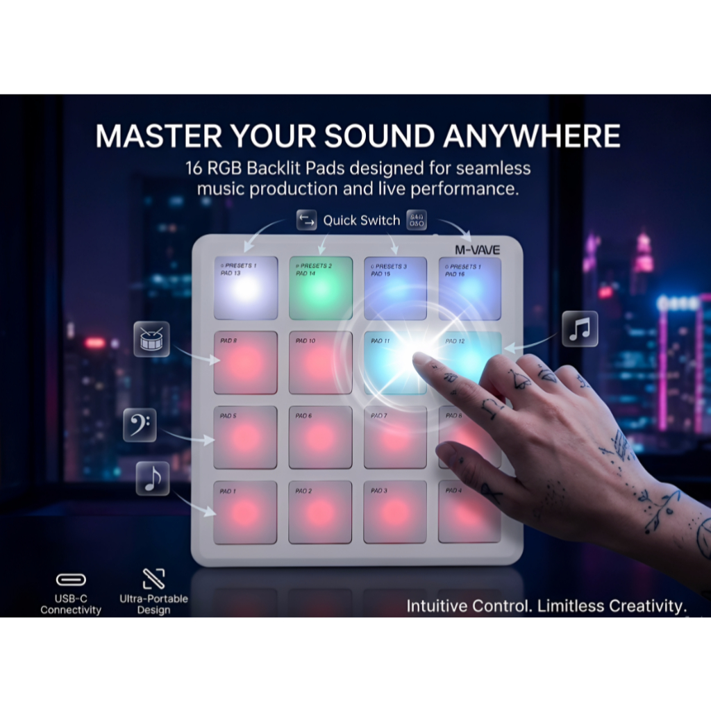 M-VAVE SK-16 SMC-PAD Pocket Pad Controlador MIDI portátil sem fio com 16 pads Teclado de percussão adequado Interface — imagem 2 de 2