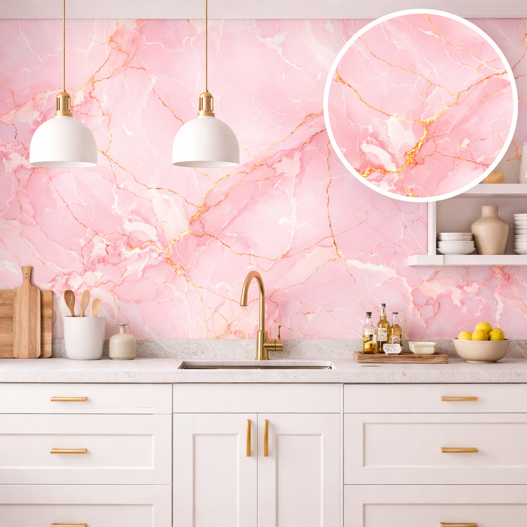 Papel de Parede Adesivo Marmorizado Rosa Gold 50cm | Autocolante p/ Quarto Sala Cozinha Móveis