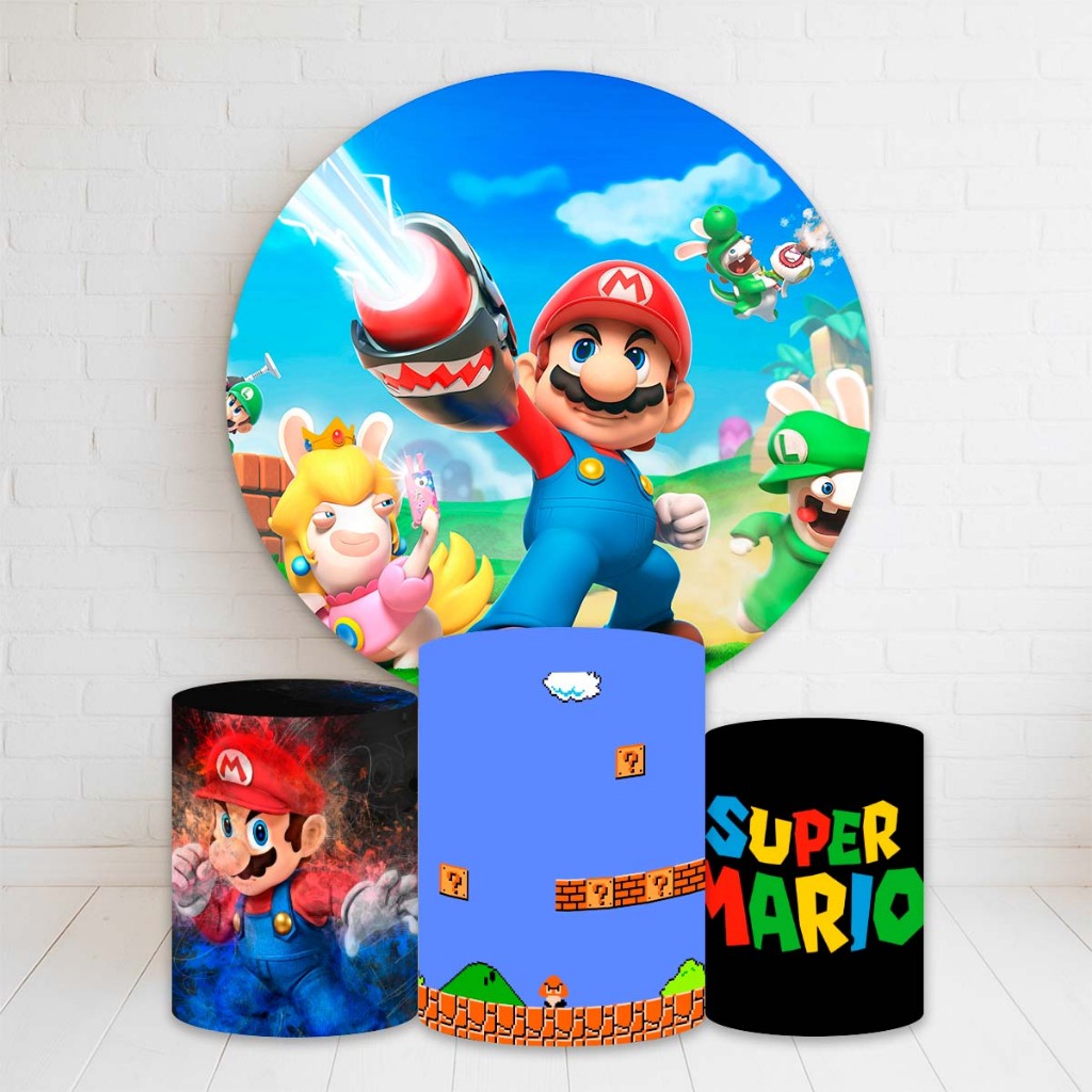 Kit Painel Redondo + Trio Capas Cilindro Sublimado 150x150 Completo Varios Tema Super Mari