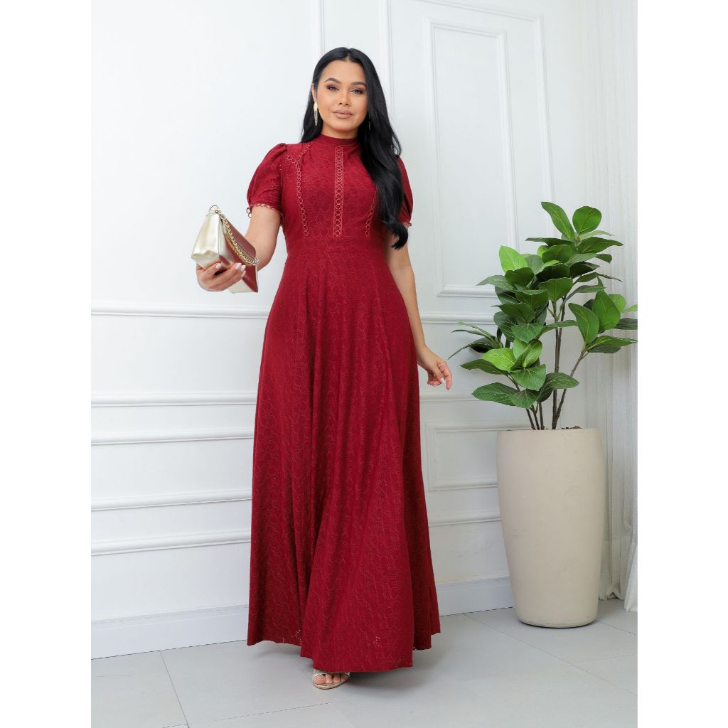 Vestido Feminino Evangélico Longo Elegante Com Manga Bufante Moda Cristã Para Festa Casamento Casual Modesto