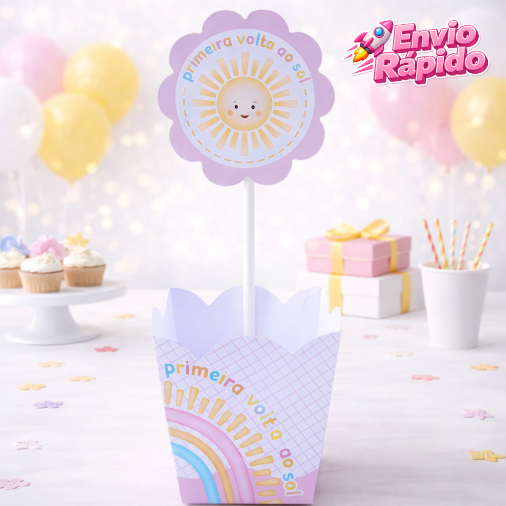 10 a 30 Centro de Mesa Primeira Volta ao Sol Menina | Pegue e Monte | Lembrancinha de um ano | Festa Infantil