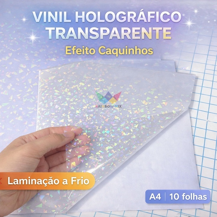 LAMINAÇÃO A FRIO - Vinil Adesivo Holográfico Transparente CAQUINHOS - A4- 90g - 10 folhas