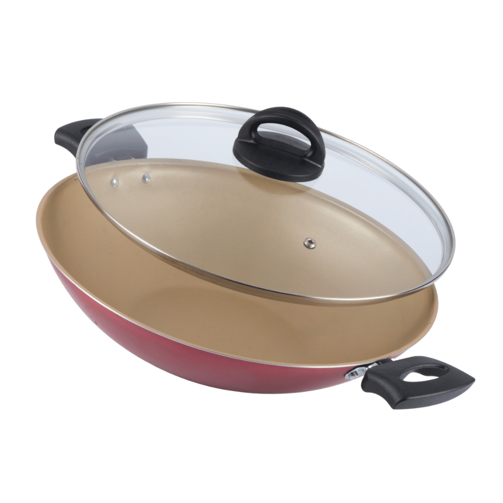 Frigideira Wok Antiaderente Tampa De Vidro 30Cm Cereja