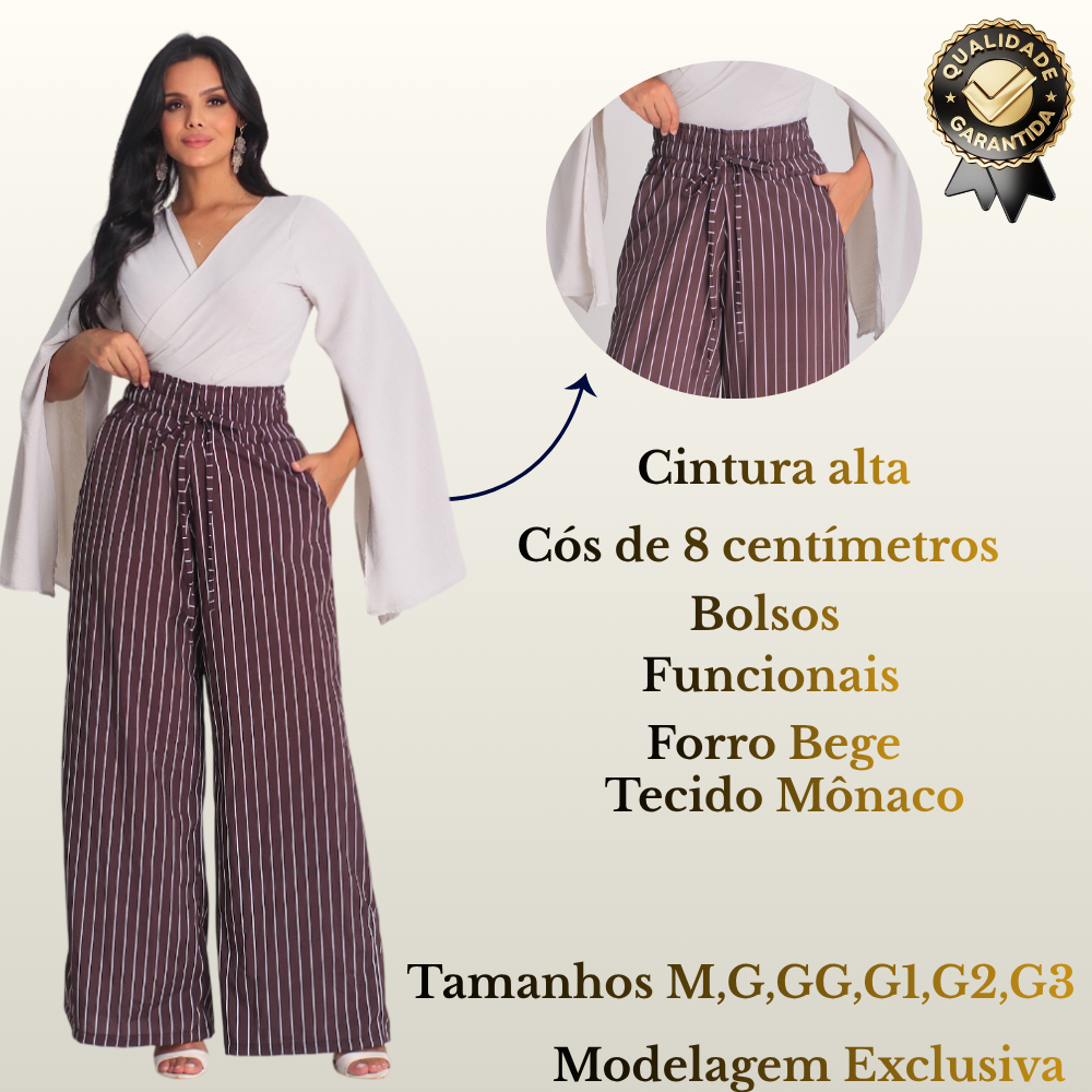 Calça Pantalona Feminina Estampada Risco de Giz Cintura Alta com Bolso Elegante Tecido Mônaco em Oferta na Shopee