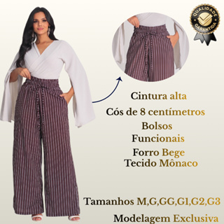 Calça Pantalona Feminina Estampada Risco de Giz Cintura Alta com Bolso Elegante Tecido Mônaco em Oferta na Shopee