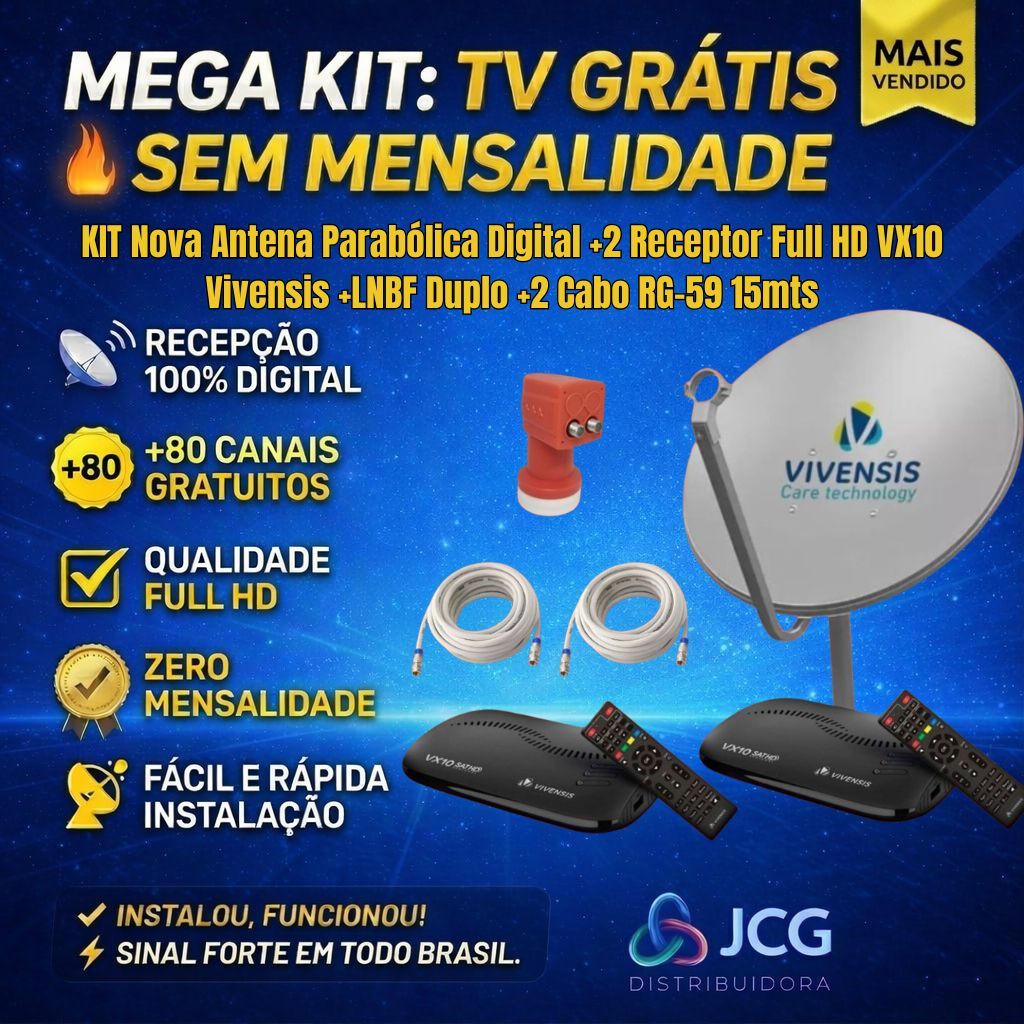 KIT Nova Antena Parabólica Digital +2 Receptor Full HD VX10 Vivensis +LNBF Duplo +2 Cabo RG-59 15mts