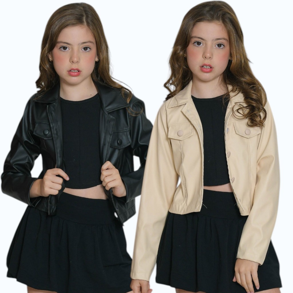 Jaqueta Infantil Feminina em Couro Sintético Blogueira com Botões Costura Reforçada Melhor Ajuste Estilosa e Confortável