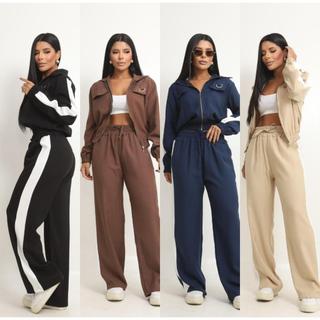 Conjunto feminino alfaiataria calça pantalona bicolor e jaqueta Zíper M ao GG