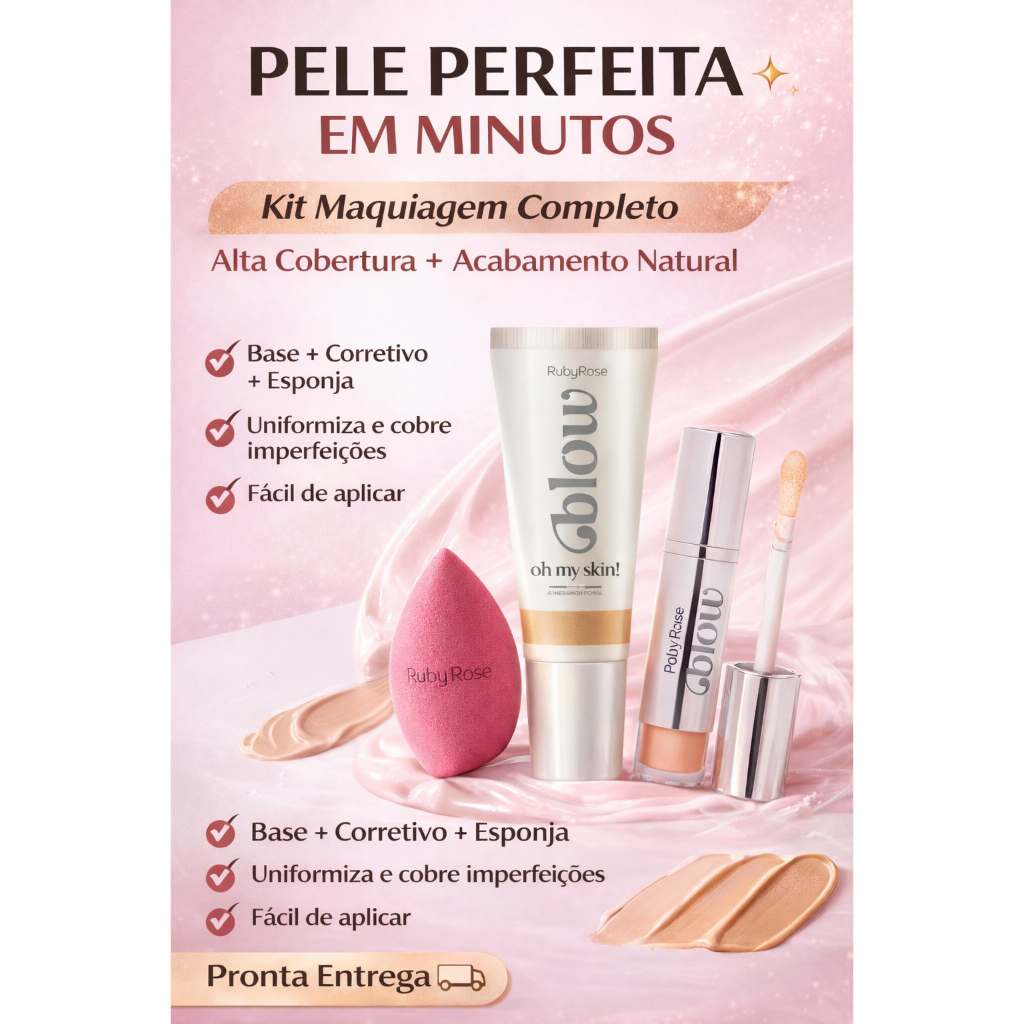 Kit Maquiagem Completo Ruby Rose Base + Corretivo + Esponja Alta Cobertura