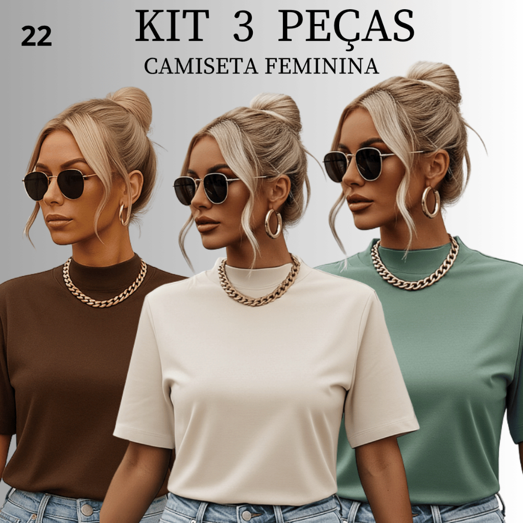 Kit 3 Blusas Feminina Blusinha T-shirt Oversized Gola Alta Lisa algodão macio em Oferta na Shopee